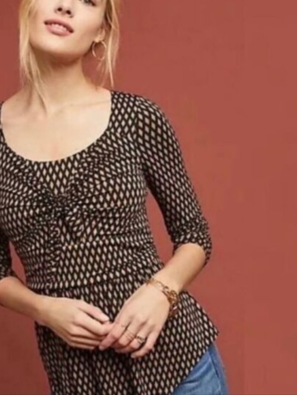 Anthropologie Black and Tan Diamond-Print Long-Sleeve Scoop-Neck Top